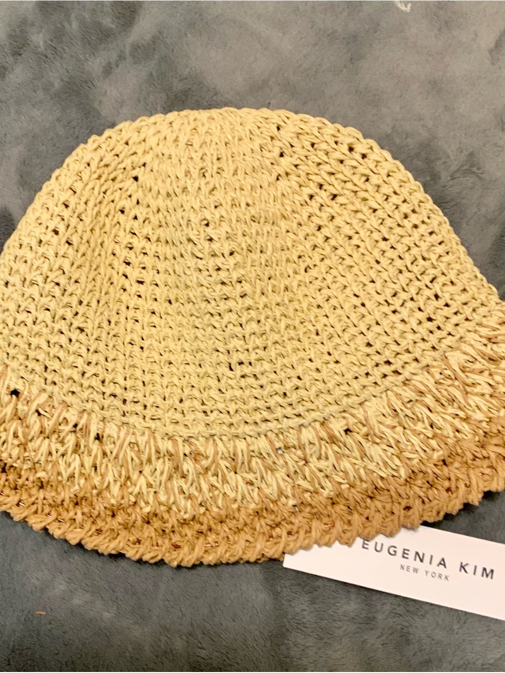 Eugenia Kim Straw Cream Crochet Fringe Bucket Hat. NWT